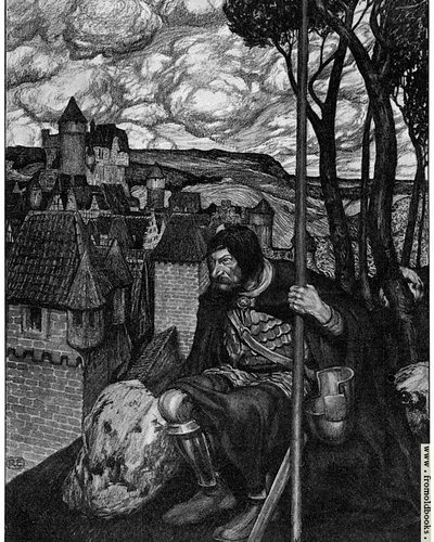 Eine Zeichnung: Ein mittelalterlicher Ritter und sitzt auf einer Mauer, seine Lanze und seinen Helm in den Händen, und blickt auf die Stadt und die Burg hinunter.
