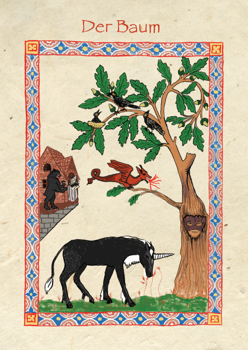 Ein Baum mit Gesicht, ein schwarzes Einhorn, der Bär, die Hexe und auf einem Baum drei Raben stolz, gemalt im Stil des Codex Manesse Ein Baum mit Gesicht, ein schwarzes Einhorn, der Bär, die Hexe und auf einem Baum drei Raben stolz, gemalt im Stil des Codex Manesse