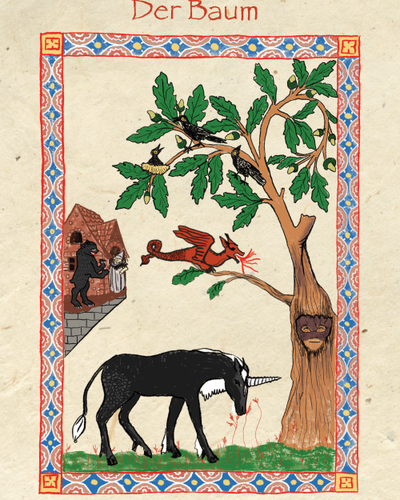 Ein Baum mit Gesicht, ein schwarzes Einhorn, der Bär, die Hexe und auf einem Baum drei Raben stolz, gemalt im Stil des Codex Manesse