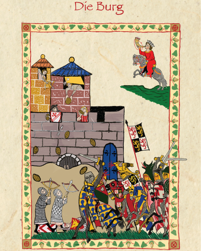 Eine mittelalterliche Burgbelagerung, gemalt im Stil des Codex Manesse