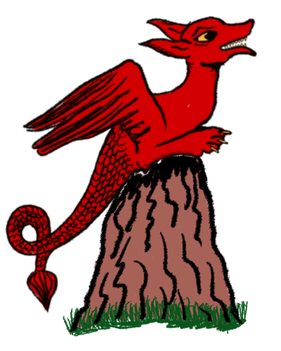 Ein roter Drache im Stil des Codex Manesse, der auf einem Felsen sitzt