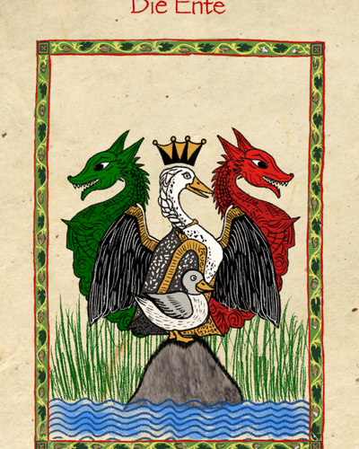 Eine Ente auf einem Stein, gemalt im Stil des Codex Manesse