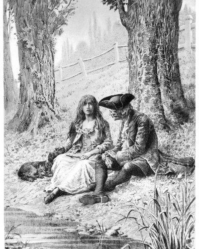 Eine Fotogravur: Maria. Hier sitzt ein Mädchen am Flussufer und streichelt ihren Hund; sie hat eine Flöte auf dem Schoß, trägt ihr langes Haar offen und ein Spitzenmieder. Neben ihr sitzt ein Mann (der Autor), der einen Hut und einen Mantel trägt sowie Schuhe mit knielangen Strümpfen; er blickt sie an. Er ist in sie verliebt.