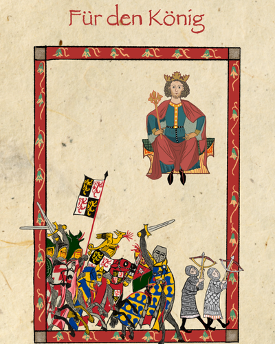 Eine Zeichnung von Rittern, Fußvolk und einem Adeligen (dem König?), adaptiert aus dem Codex Manesse