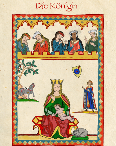 Die Königin mit dem jungen Prinzen, ein Kater, der Hengst, den ihr der König gab, ein Verehrer, von dem der König nichts weiß und lästernde Hofdamen, gemalt im Stil des Codex Manesse
