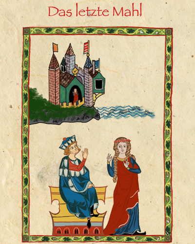 Die Festung am Meer, der Herzog und seine Tochter, gemalt im Stil des Codex Manesse