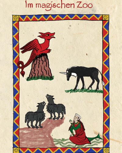 Der Drache auf dem Drachenberg, zwei Werwölfe, eine Nymphe und das Einhorn, gemalt im Stil des Codex Manesse