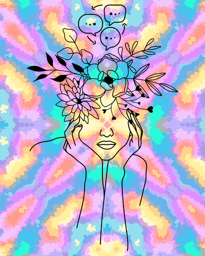 A drawing of a face whose upper part dissolves into flowers and speech bubbles.