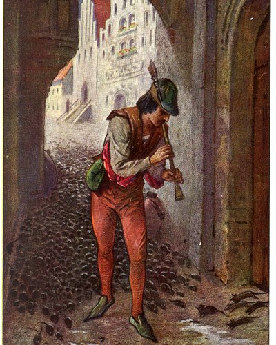 Eine Zeichnung des Rattenfängers von Hameln, er geht durch die Gasse und die Ratten folgen ihm
