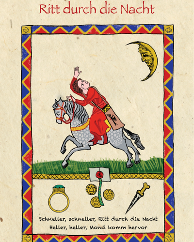 Ein Bote auf einem Pferd, ein Brief des Königs, drei Taler und ein Dolch, gemalt im Stil des Codex Manesse
