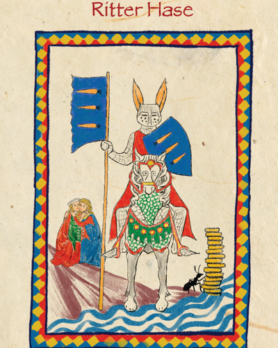 Ein Hasenritter auf einem Pferd, Ameisen, die um einen Turm aus Talern kämpfen, ein Liebespaar und eine Nymphe, gemalt im Stil des Codex Manesse
