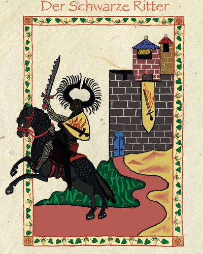 Der schwarze Ritter vor seiner Burg, gemalt im Stil des Codex Manesse
