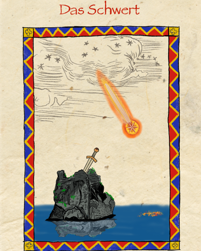 Eine Zeichnung: Ein Schwert steckt in einem Felsen, der in einem See steht. Darüber ist ein Meteor.
