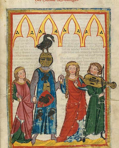 Eine mittelalterliche Buchmalerei aus dem Codex Manesse, sie zeigt Hiltbolt von Swanegoen (mit einem schwarzen Schwan als Helmzier), zwei Damen zum Reigen führend
