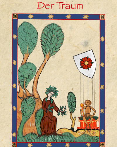 Eine seltsame Frau mit Blättern als Haare, eine Puppe auf einem Traum und eine Rose im ewigen Eis, gemalt im Stil des Codex Manesse