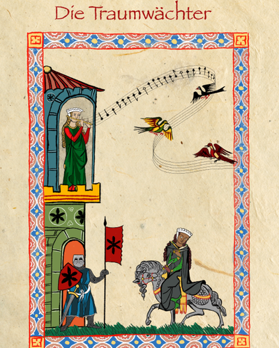 Die drei Traumwächter Meno, Mina und Mara, gemalt im Stil des Codex Manesse