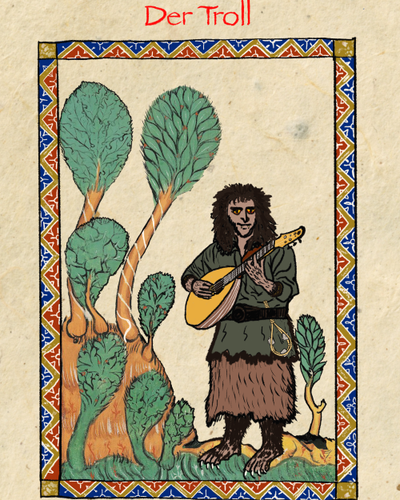 Ein Troll, der Laute spielt und meine Rassel am Gürtel trägt, gemalt im Stil des Codex Manesse